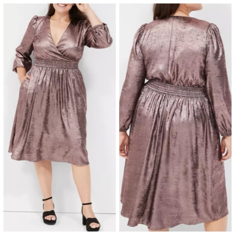LANE‎ BRYANT Womens Blouson-Sleeve Surplice Pink Metallic V-Neck Midi Dress